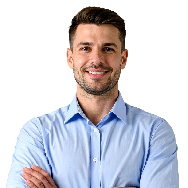 younger man with his arms crossed and a smile